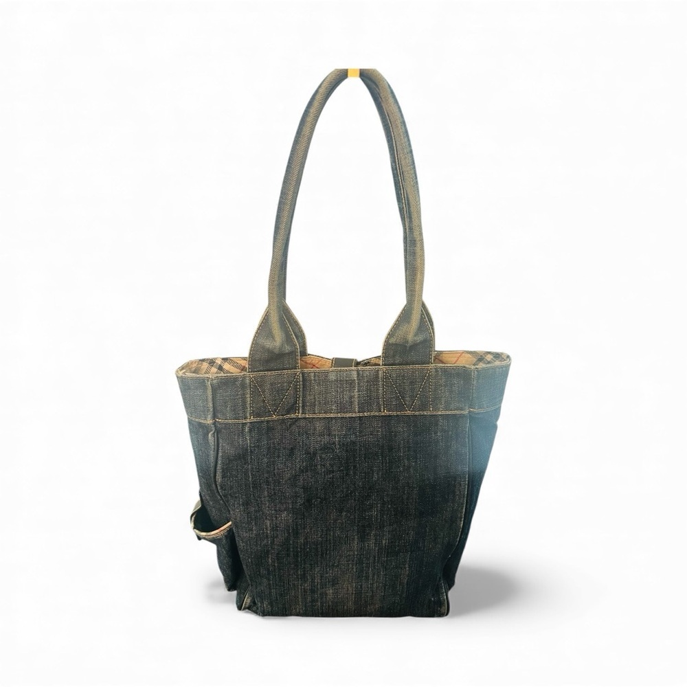 Burberry Blue Label Denim Tote Bag Plaid Lining Leather Trim - Picture 2 of 10